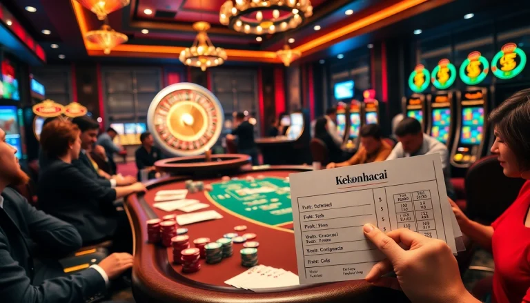 Engaged players strategizing at a poker table while observing keonhacai betting slips in an exciting casino atmosphere.