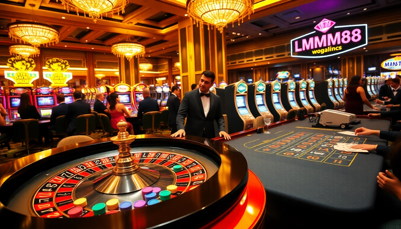 Experience thrilling gambling action at https://mm88.today/ with players at a roulette table and vibrant chips in a luxurious casino atmosphere.