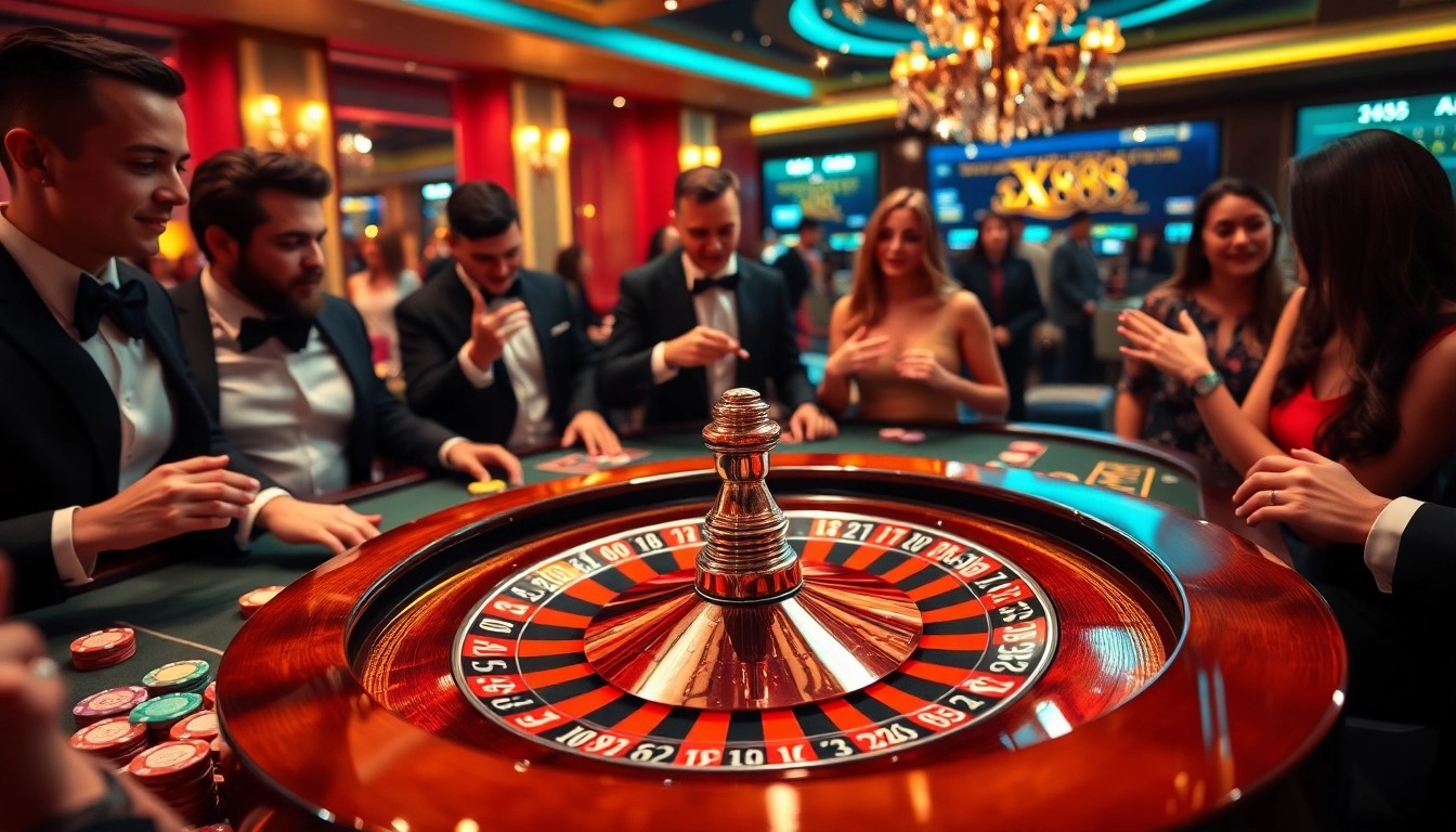 Engaging players at the XX88-themed roulette table in a luxurious casino setting, evoking excitement and thrill.