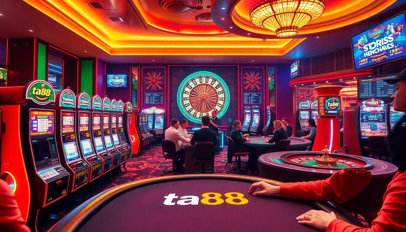 Exciting gambling scene featuring players at ta88 casino tables, with vibrant slots and roulette.
