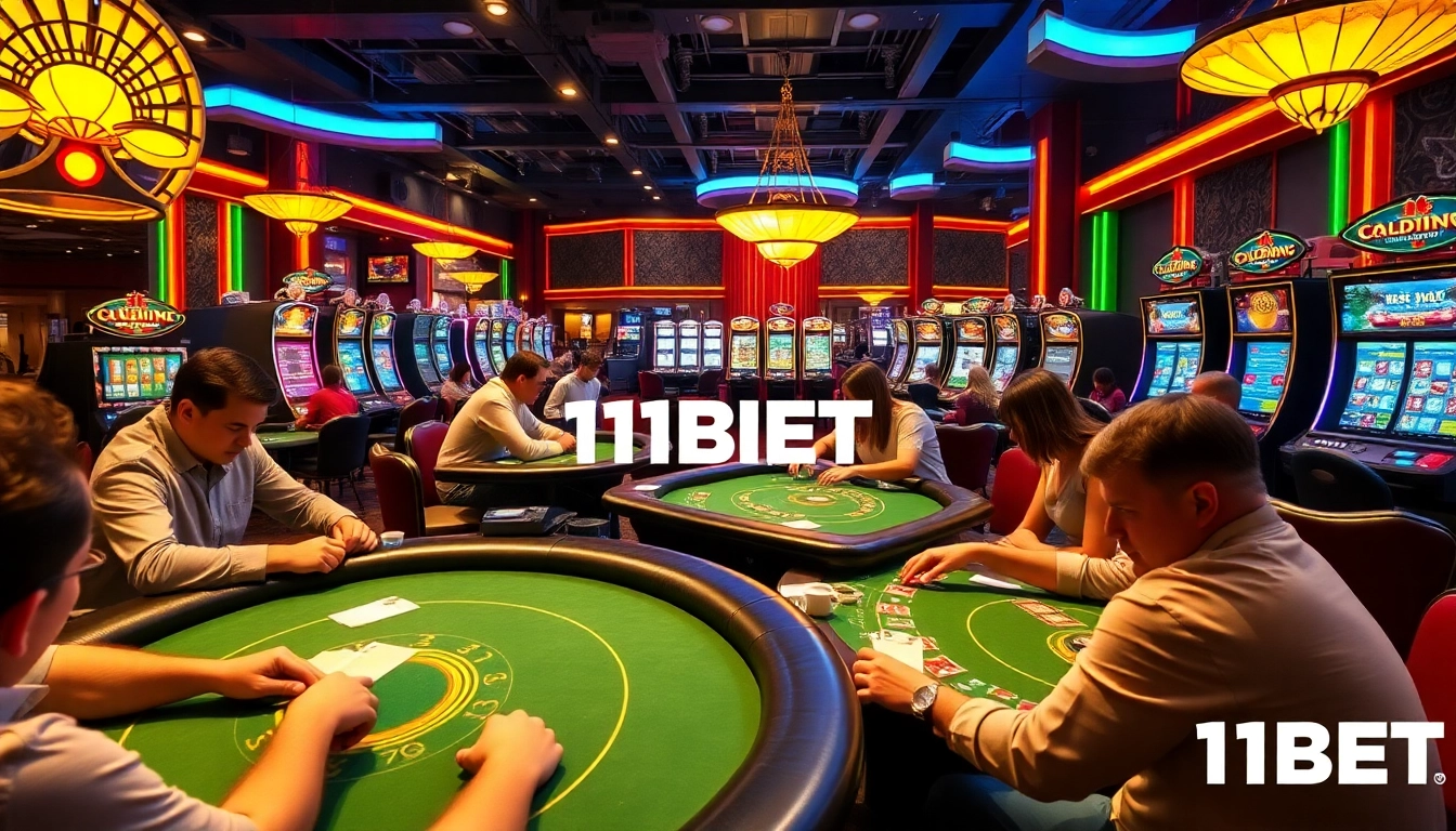 Experience the thrilling action of 11BET casino gaming with vibrant tables, energetic players, and exciting slot machines.