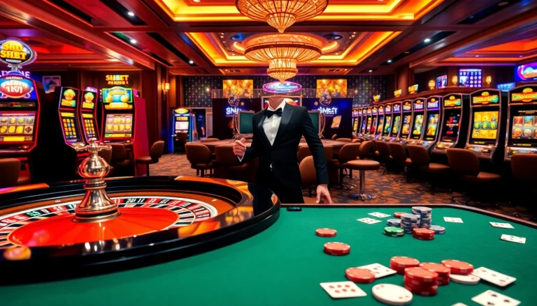 Players enjoying a lively game at SHBET casino's roulette table, vibrant lights and excitement.