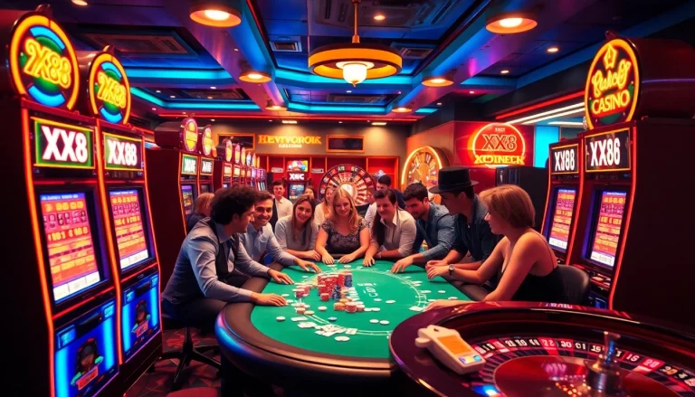 Excited gamblers around a poker table with XX88 chips, showcasing fun casino winnings.