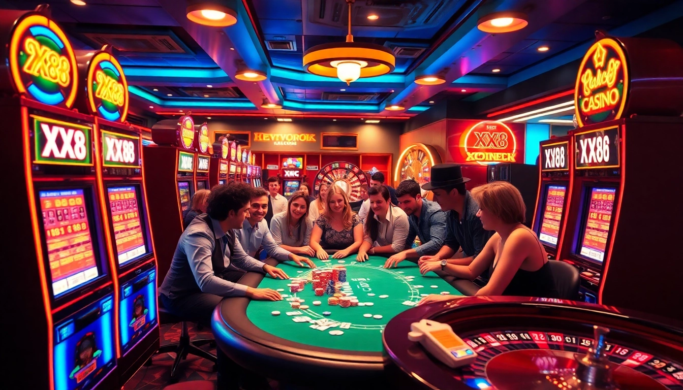 Excited gamblers around a poker table with XX88 chips, showcasing fun casino winnings.