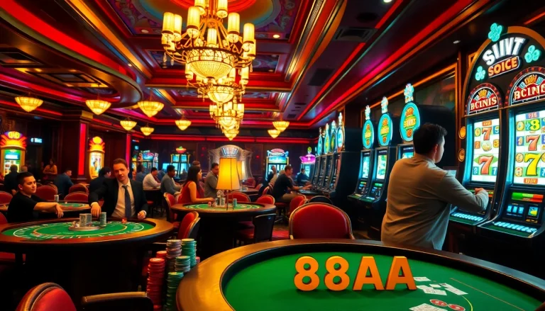 Experience thrilling gameplay at 88AA, featuring vibrant casino tables and eager players.