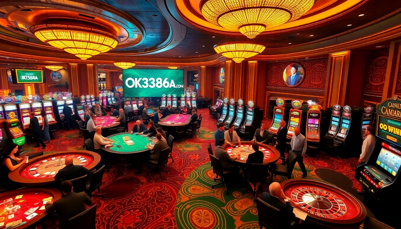 Players enjoying a vibrant casino scene featuring ok8386a.com, with thrilling poker and roulette games enhancing the excitement.