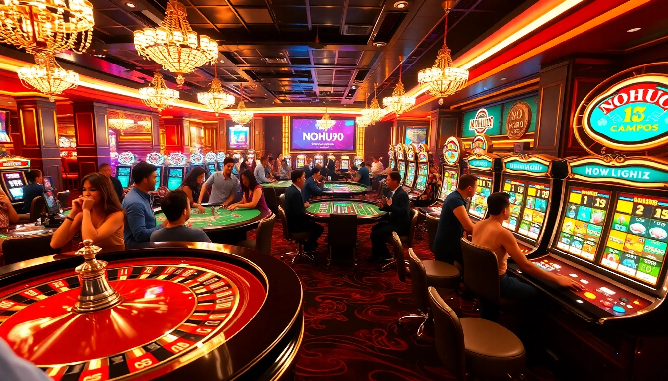 Experience the thrill at NOHU90 casino with players engaged in roulette, dice games, and exciting slot machines.