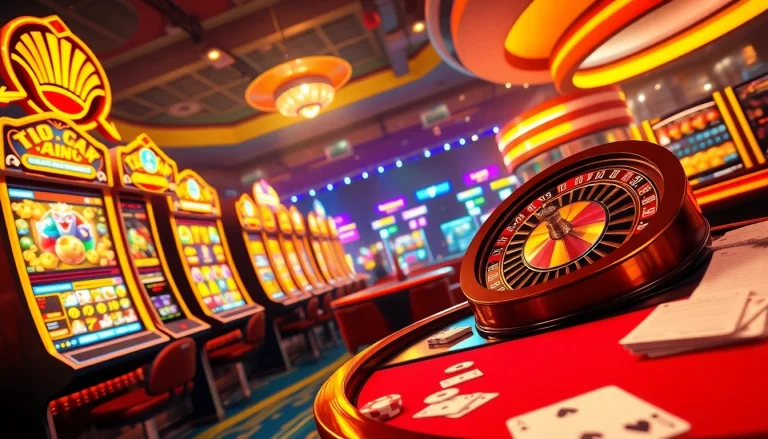 Experience the thrill of gambling with hi88’s vibrant casino setting featuring slot machines and live dealers.