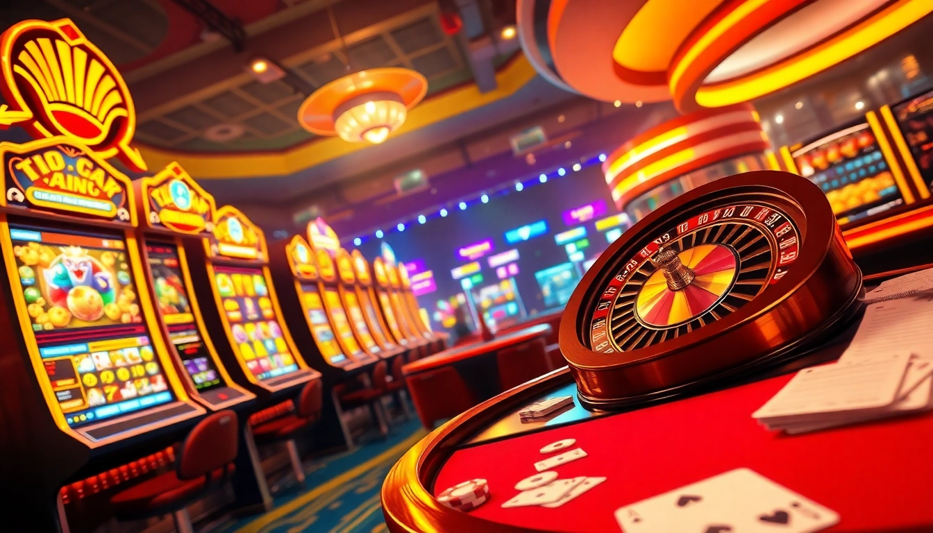 Experience the thrill of gambling with hi88’s vibrant casino setting featuring slot machines and live dealers.