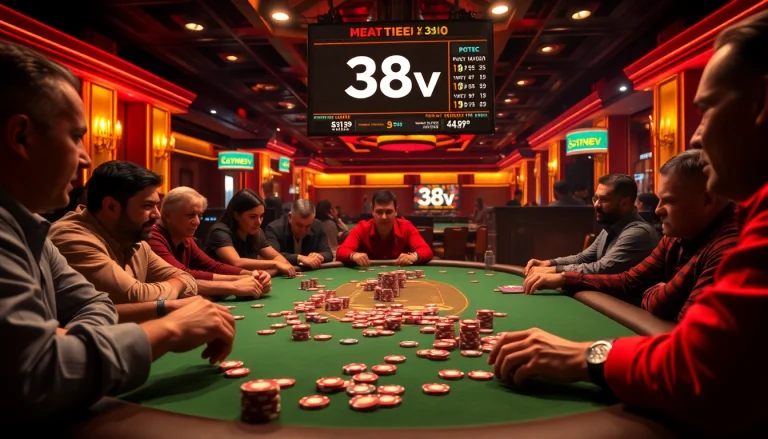 Intense poker action at 38v casino, showcasing colorful chips and players.