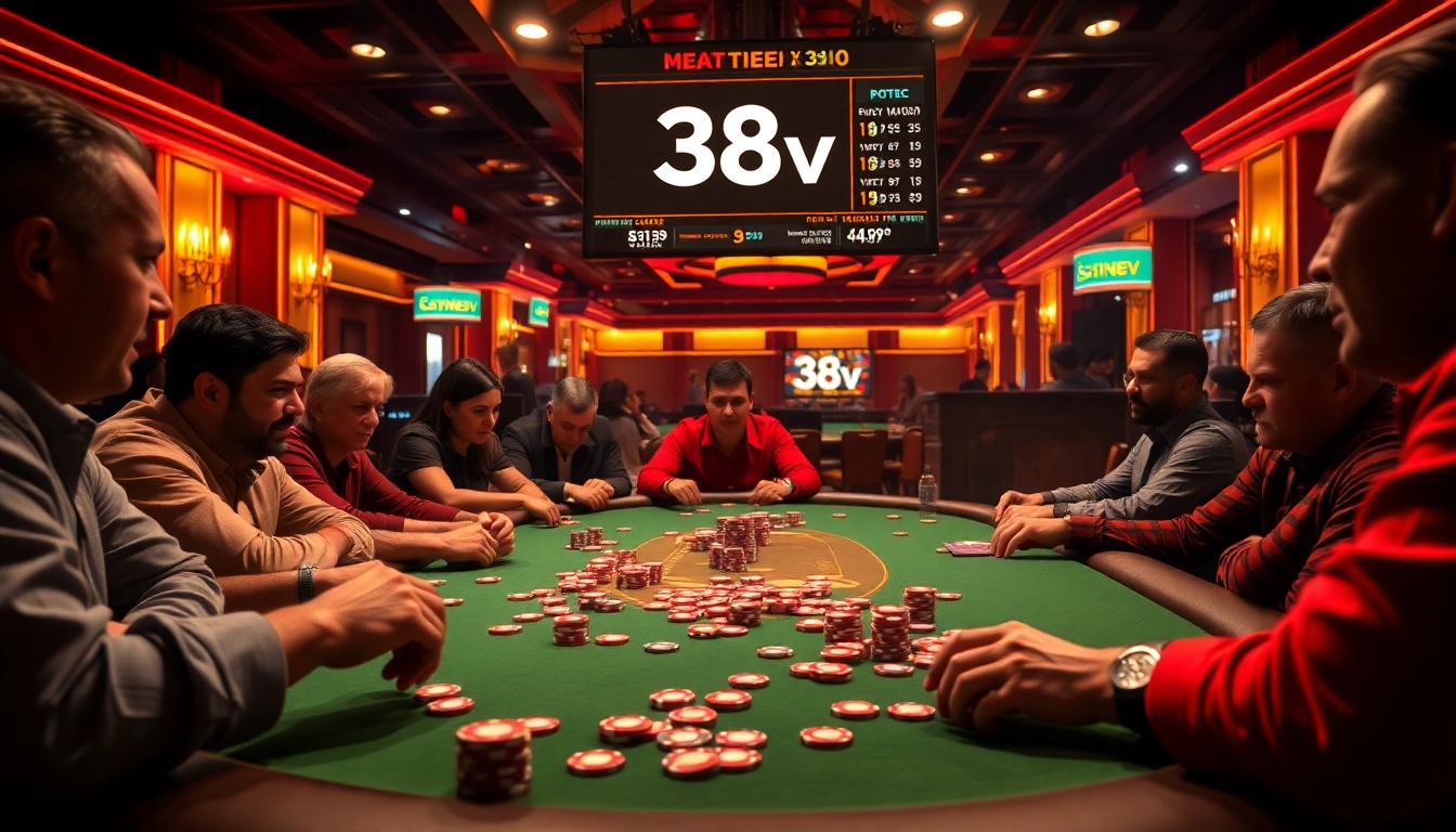 Intense poker action at 38v casino, showcasing colorful chips and players.