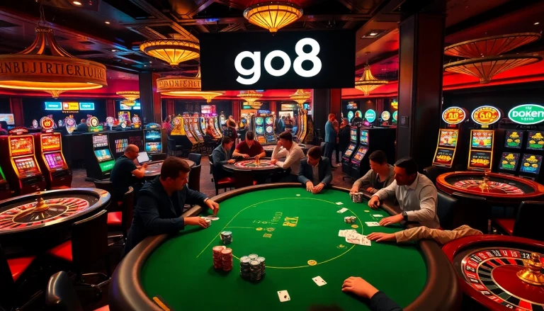 go8: Exciting poker game in a vibrant casino with players and chips.