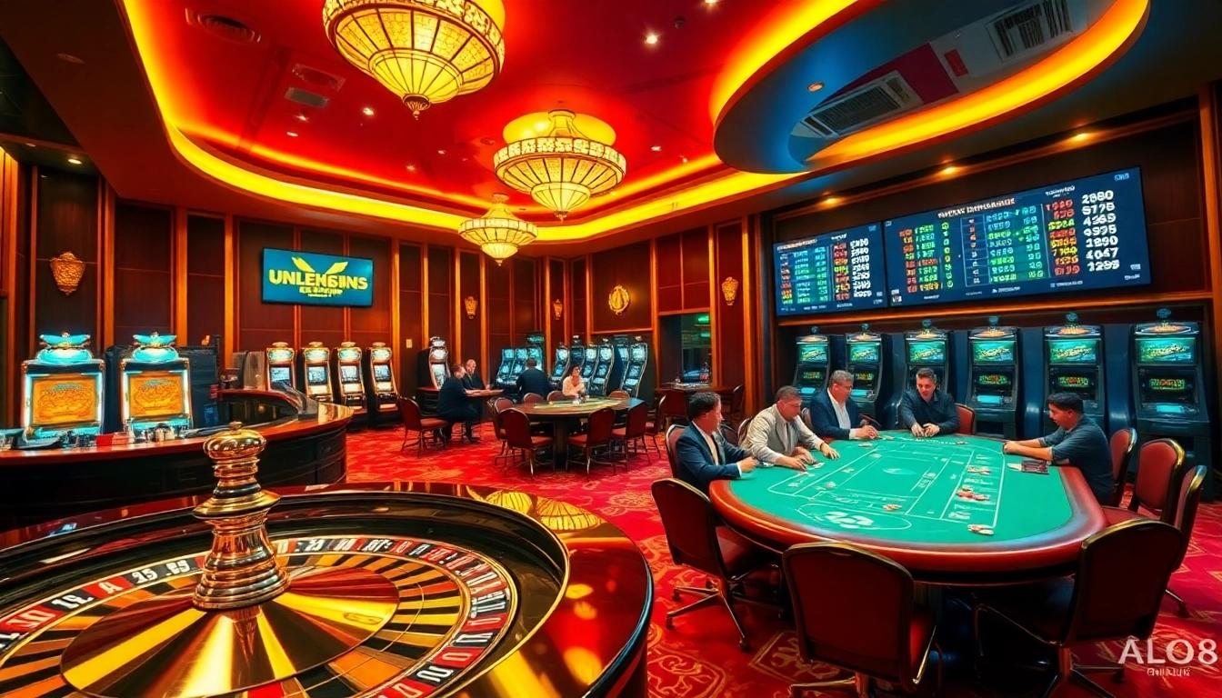 Join the excitement at Nhà cái ALO8 with players at a poker table and glamorous slot machines in view.