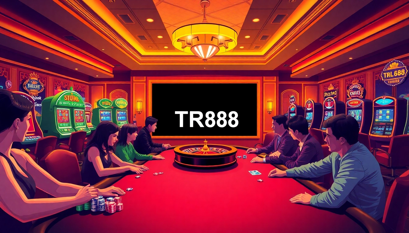 TR88 players enjoying a thrilling poker game in a lively casino setting with colorful chips and a roulette wheel.